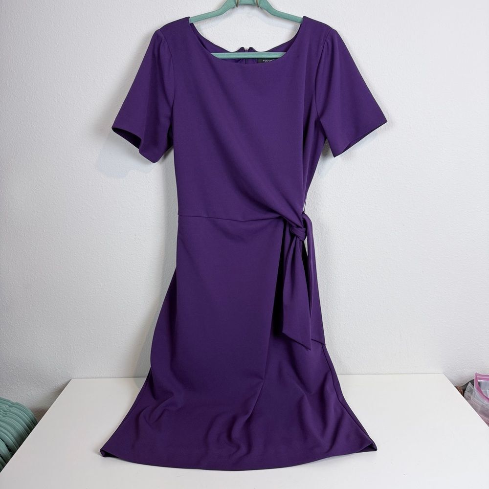 Tahari ASL Short-Sleeve Tie-Waist Midi Dress Aubergine 16